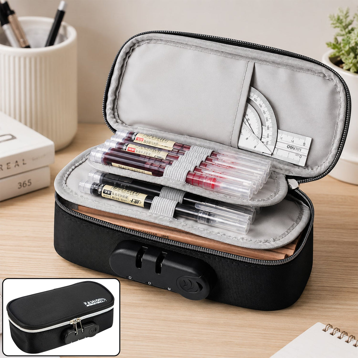 4 Layer Zipper Stationery Pouch Pencil Case With Combination Lock For Students (1 Piece)