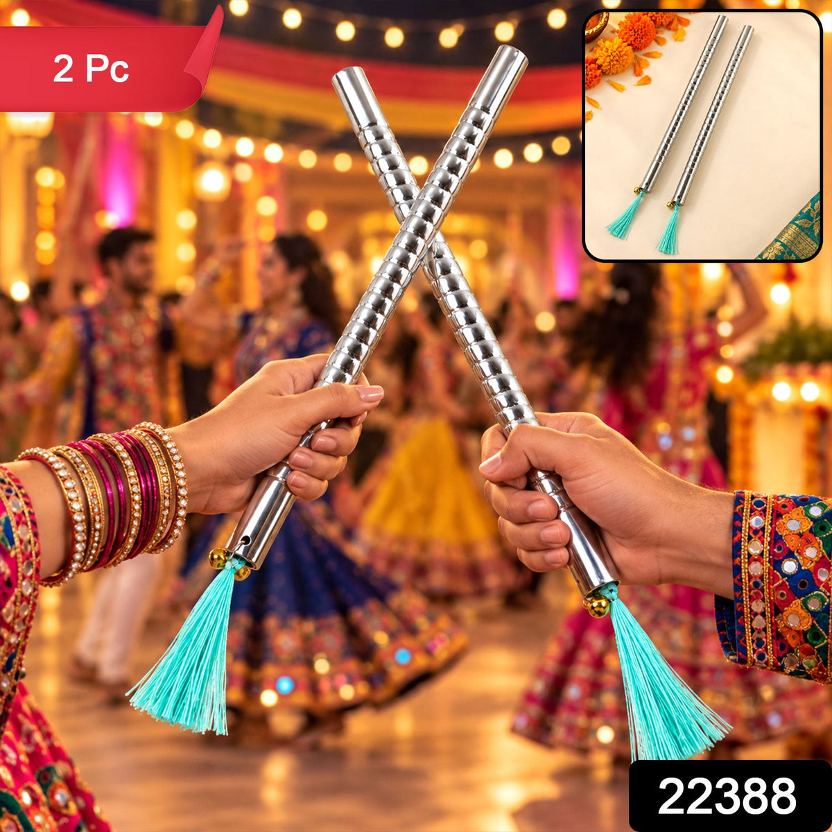 Small Steel Dandiya Stick Pair With Ribbed Grip Tassels And Bell Accents