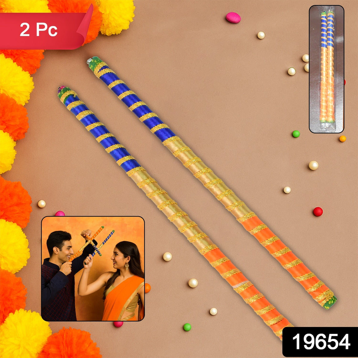 Traditional Decorative Dandiya Sticks Pair For Navratri Garba (2 Pc)