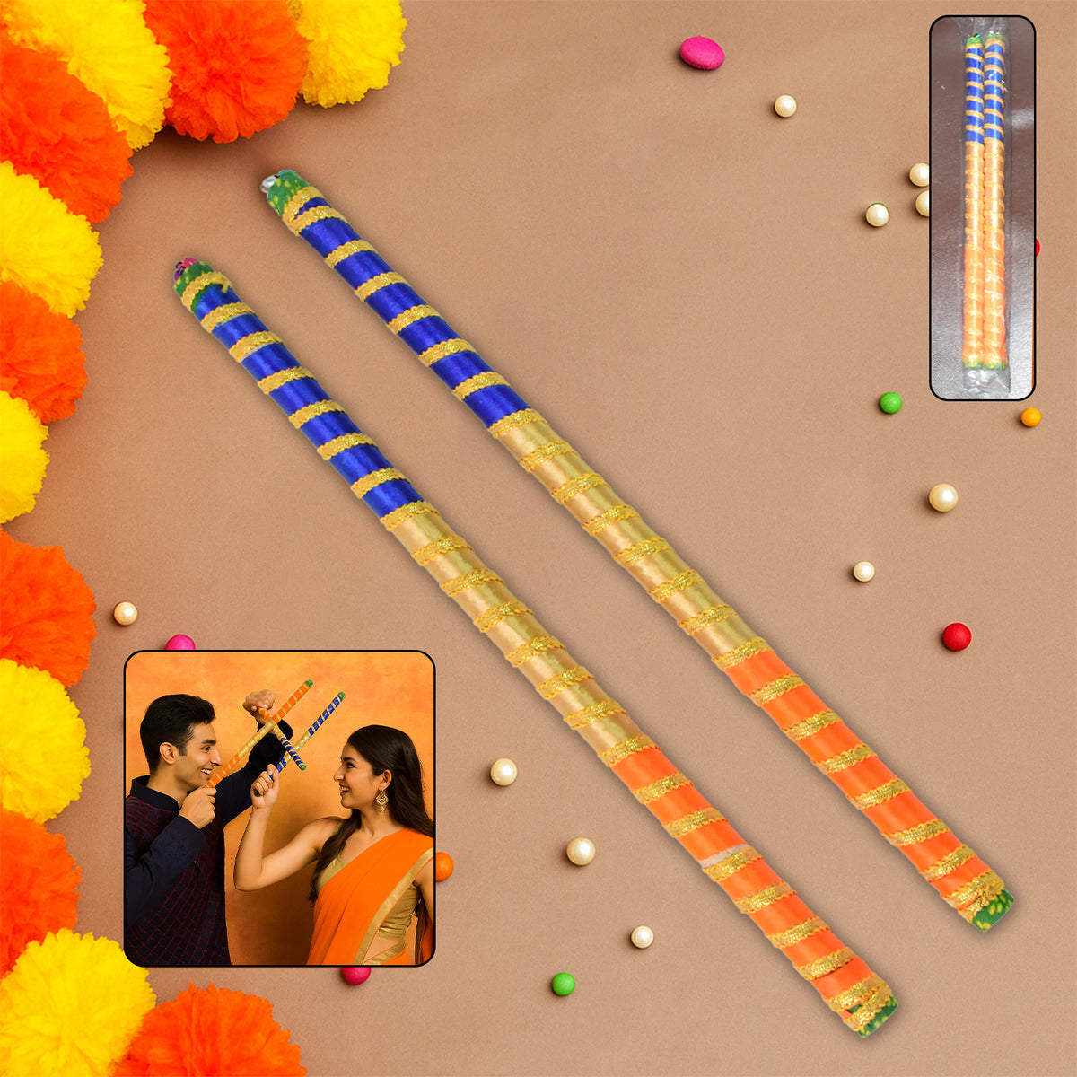 Traditional Decorative Dandiya Sticks Pair For Navratri Garba (2 Pc)