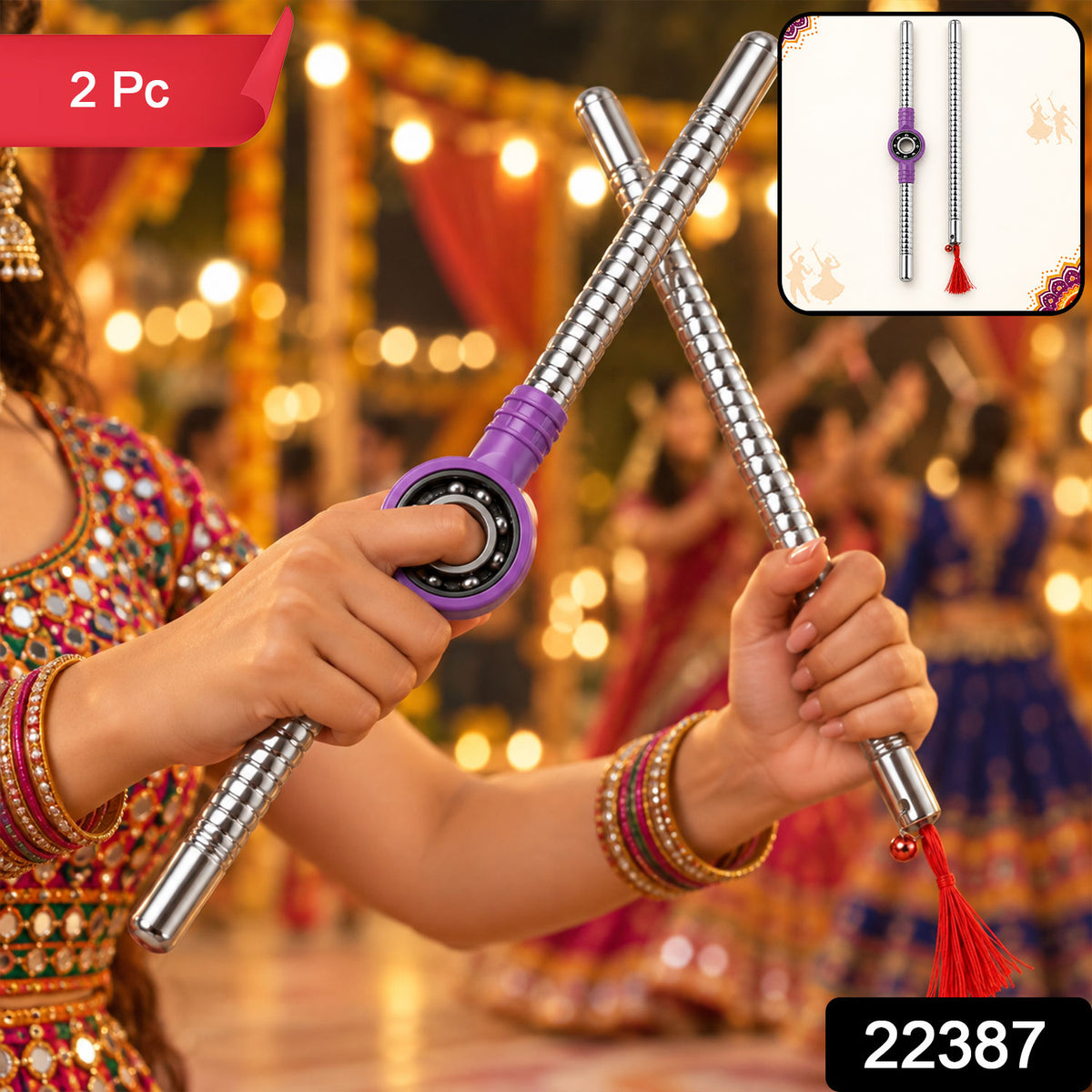 Steel Dandiya Stick Pair With Bearing Center Textured Grip And Tassel
